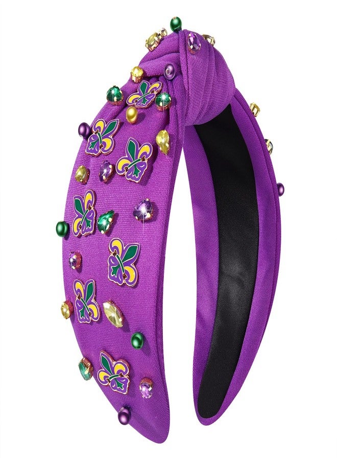 NVENF Mardi Gras Headband Accessories for Women Fleur De Lis Headbands Rhinestone Pearl Jeweled Knotted Headband Fat Tuesday Parade Party Favors Gifts （Fleur De Lis 2 - Purple） - Image 1